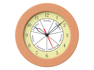 Wooden round wall clock with day indication