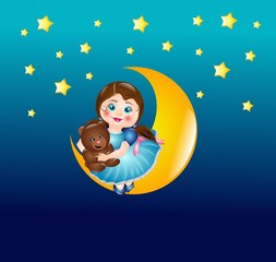 Naklejka premium Cute girl on moon