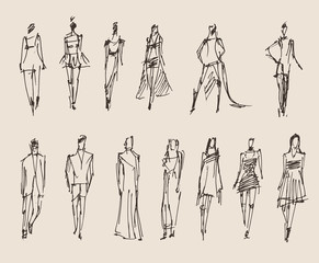 Fashion models, sketch, vector illustration, hand drawing