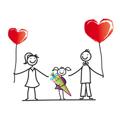 Eltern mit Tochter - Schulanfang, Einschulung mit Zuckertüte und Herzluftballons