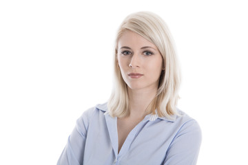 Portrait of a blond isolated young business woman in blue blouse