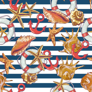 Summer Seamless Pattern with Sea Shells, Anchor