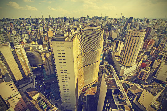 Skyline Of Sao Paulo Downtown, Brazil, Vintage Retro Style.