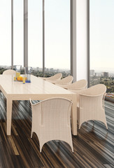 Modern dining room interior overlooking a city