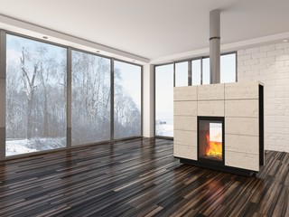 Empty living room interior with a fire and parquet