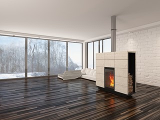 Empty living room interior with a fire and parquet
