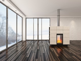 Empty living room interior with a fire and parquet