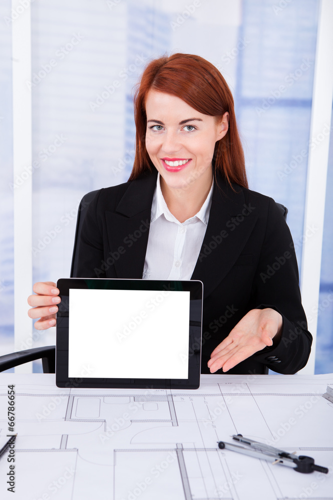 Poster architect displaying blank screen of digital tablet