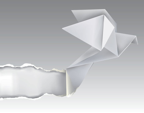 Origami bird ripping white paper
