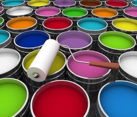 Open buckets with a paint and roller