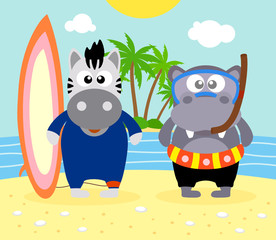 Summer  background with zebra  and  hippopotamus vector