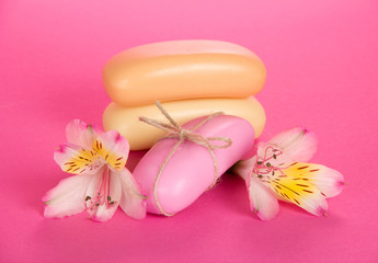 Fragrant toilet soap with a rope and the flower