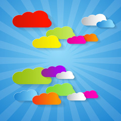 Colorful Cut Paper Clouds on Blue Background