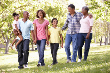 Multi-generation  family walking in park