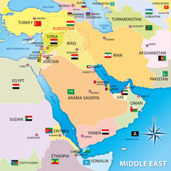 middle east regional map with flags