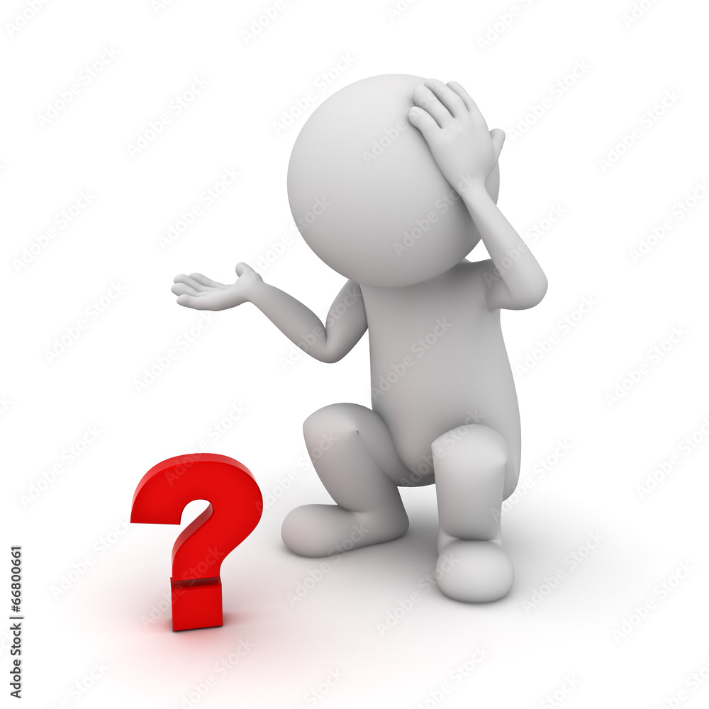 Poster 3d man squatting and confusing with red question mark