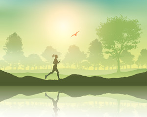 Naklejka na ściany i meble Female jogging in the countryside