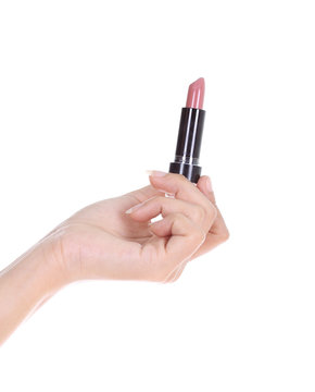 hand with lipstick isolated on white