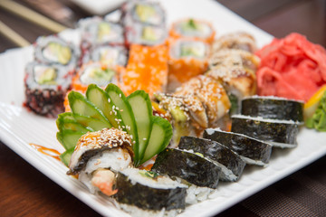 Sushi roll on the white plate