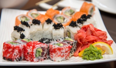 Sushi roll on the white plate