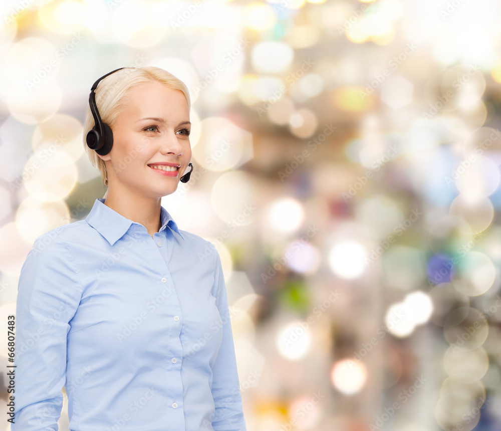 Poster friendly female helpline operator with headphones