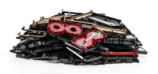Isolates of VHS video cassette was disassembled pile together