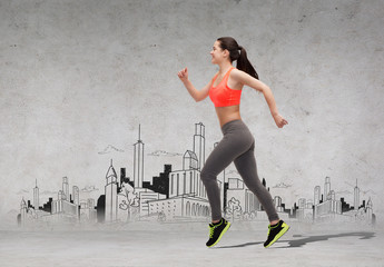 sporty woman running in front of the city drawing