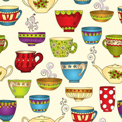 Seamless tea pattern with doodle teapots and cups.