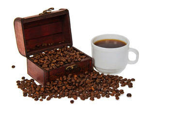 Chest with coffee grains and cup