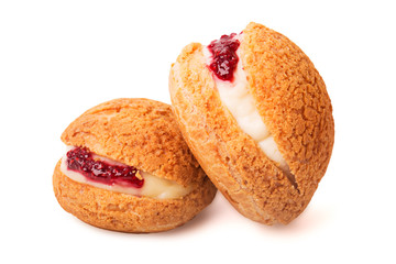 Choux pastry with cream and raspberry jam