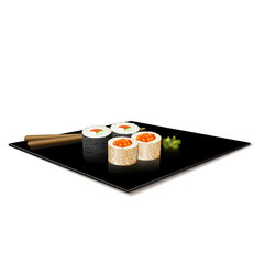 japanese cuisine: sushi on a plate with reflection