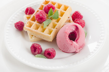Belgian waffles with raspberries sorbet