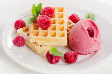 Belgian waffles with raspberries sorbet