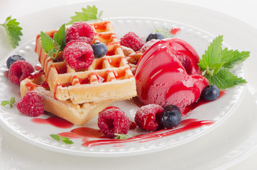 Belgian waffles with raspberries sorbet