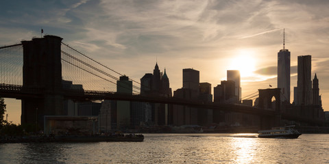 Panoramic view of lower Manhattan and Brooklyn bridge in New Yor