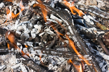 Scattered broken smoldering bonfire horizontal view