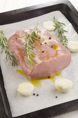 raw pork loin on a baking tray