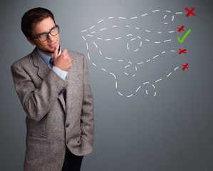 Young man choosing between right and wrong sings