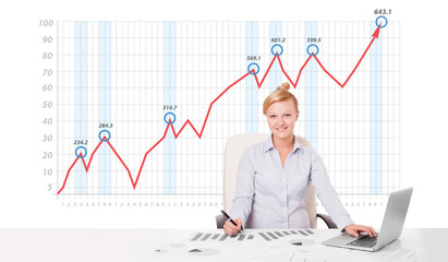 Young businesswoman calculating stock market with rising graph i
