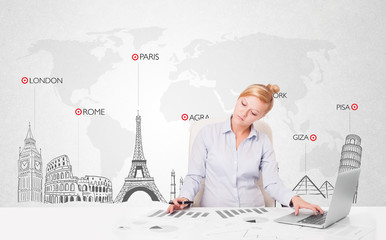 Beautiful businesswoman with world map and major landmarks of th