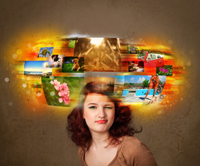 girl with colorful glowing photo memories concept