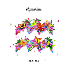 Pattern with butterflies, cute zodiac sign - aquarius
