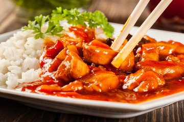 Sweet and sour chicken with rice