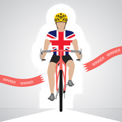 British cyclist in front view crossing red finish line 