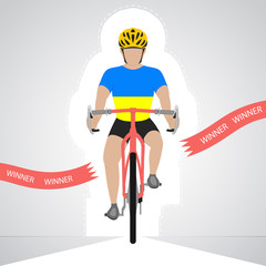 Ukrainian cyclist in front view crossing red finish line 