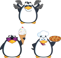 Penguin Cartoon Mascot Character Poses 10. Collection Set