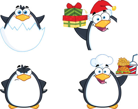 Penguin Cartoon Mascot Character Poses 11. Collection Set
