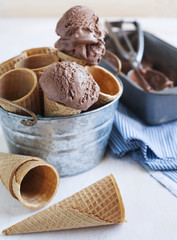Fototapeta na wymiar Chocolate ice cream in a waffle cones