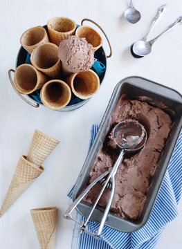 Chocolate ice cream in a waffle cones