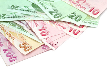 Turkish banknotes. Turkish Lira ( TL ) on white background.